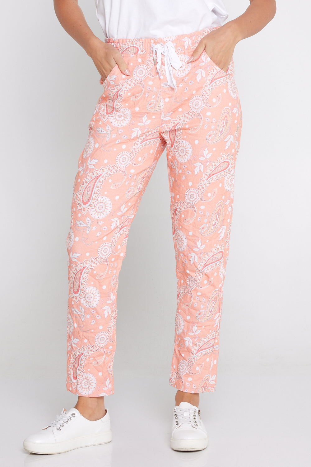 Printed Crushed Drawstring Pants - Peach Paisley