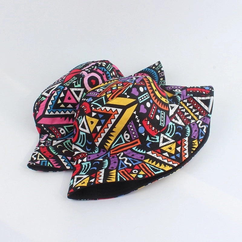 Ethnic Style Double-sided Fisherman Hat New Geometric Rhombus Casual Basin Hat Flat Top Sun Hat Tide