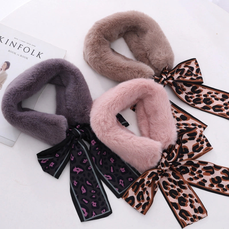 Women's Sweet Solid Color Bow Knot Leopard Faux Rabbit Fur Chiffon Scarf