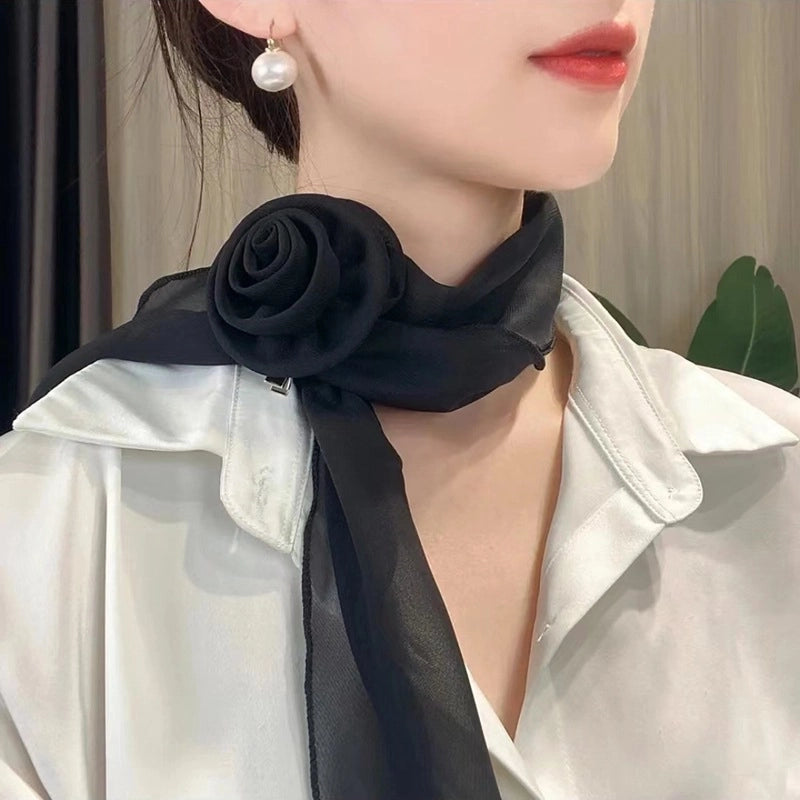 Women's Elegant Solid Color Flower Satin Silk Scarf