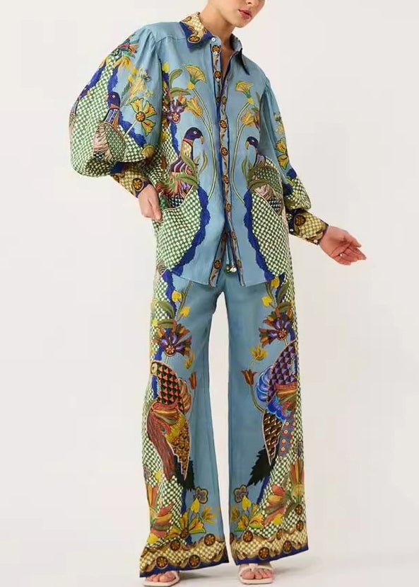 Fashion Green Peter Pan Collar Print Shirts And Wide Leg Pants Two Pieces Set Fall