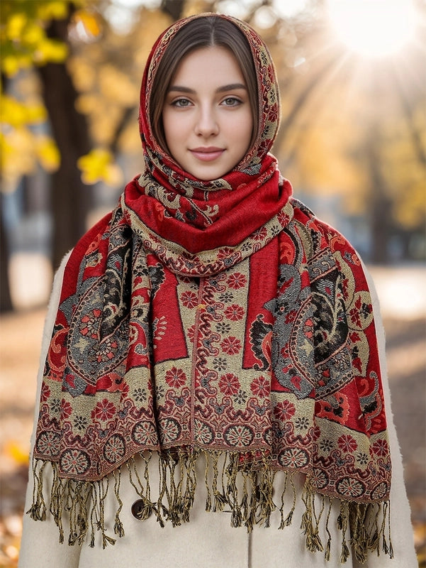Women's Retro Streetwear Totem Color Block Polyester Tassel Scarf
