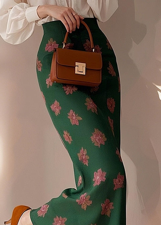 Art Green Print High Waist Cotton Skirt Spring