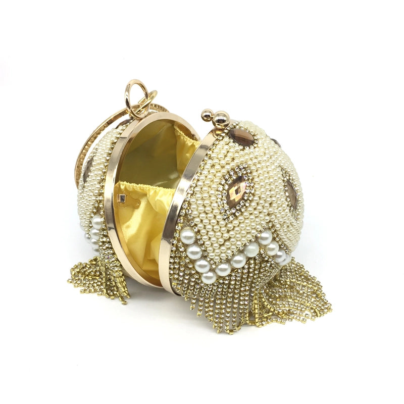 Gold Silver Rhinestone Solid Color Tassel Pearl Round Evening Bags