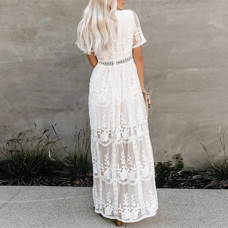 Boho Dress for Women|Bohemian Dress|Midi Boho Dress| Summer Lace Embroidery Long Sleeve V-neck White Chiffon Dress Lady mesh Patchwork Boho Dresses|Wedding Guest Dress