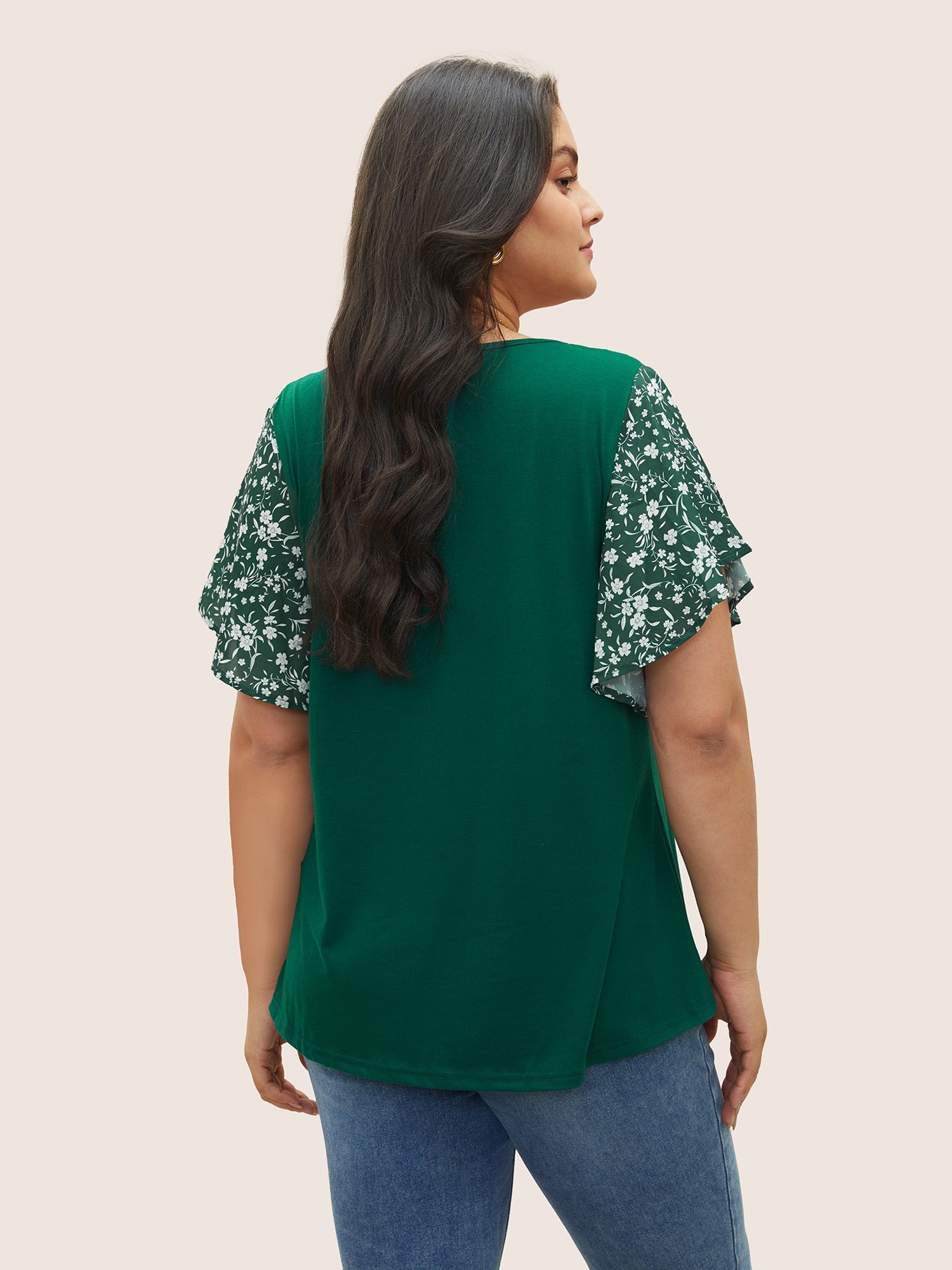 Ditsy Floral Ruffle Sleeve Round Neck T-Shirt