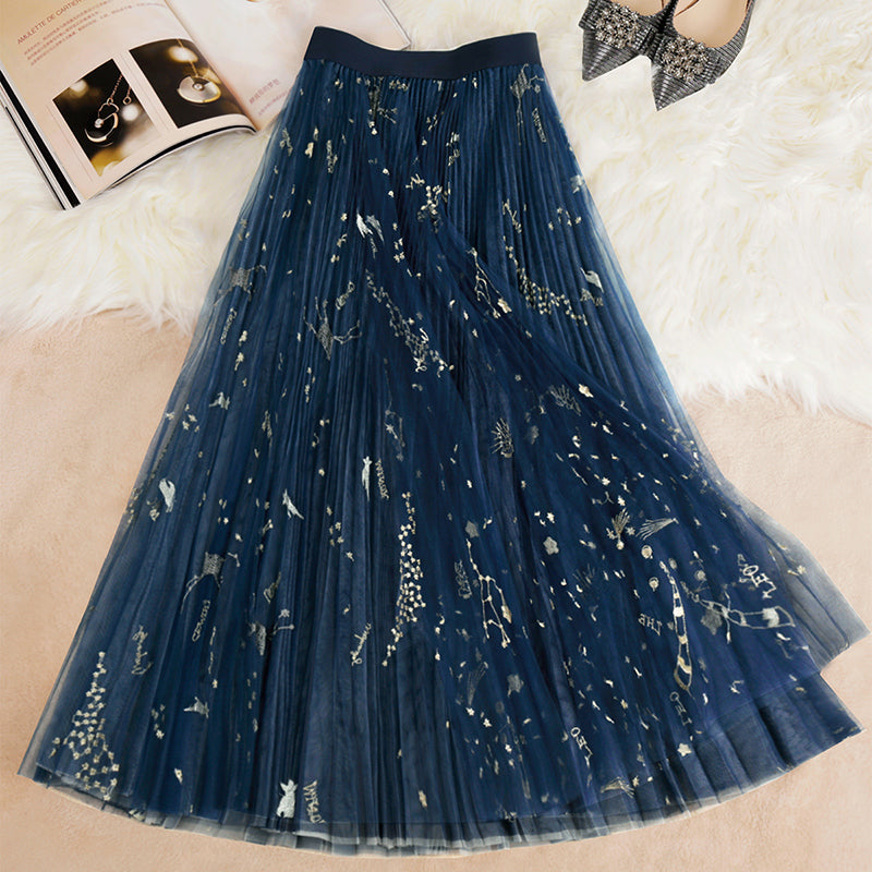 Beautiful Blue Print tulle Pleated  Skirts Summer