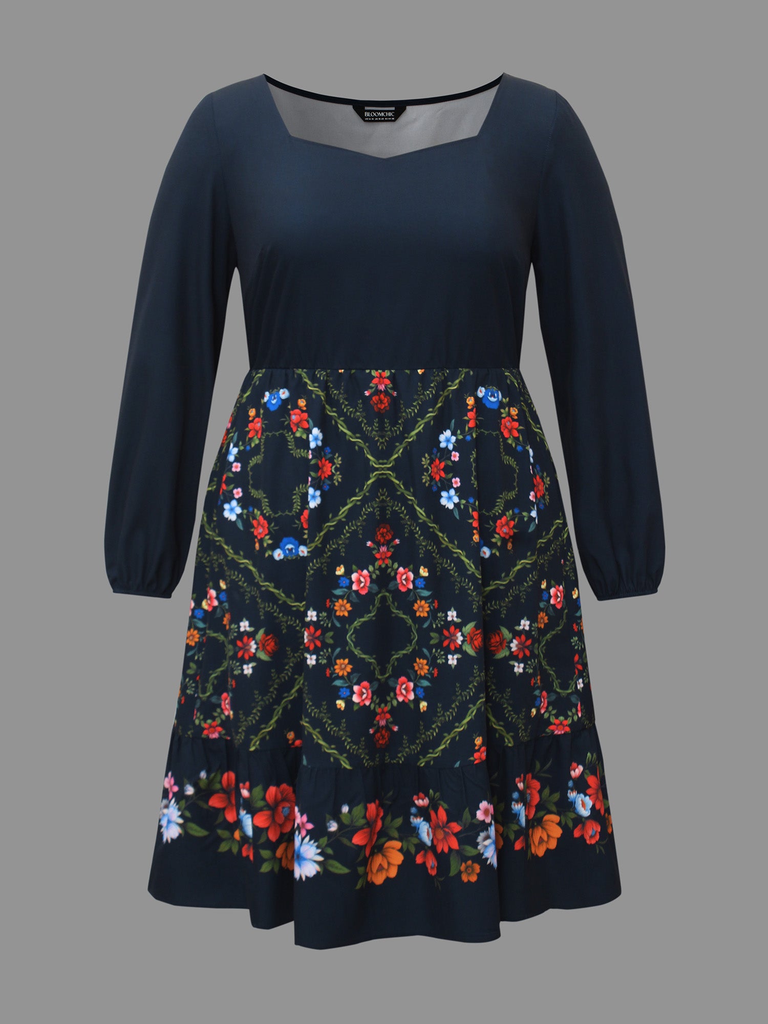 Floral Printed Heart neckline Lantern Sleeve Dress