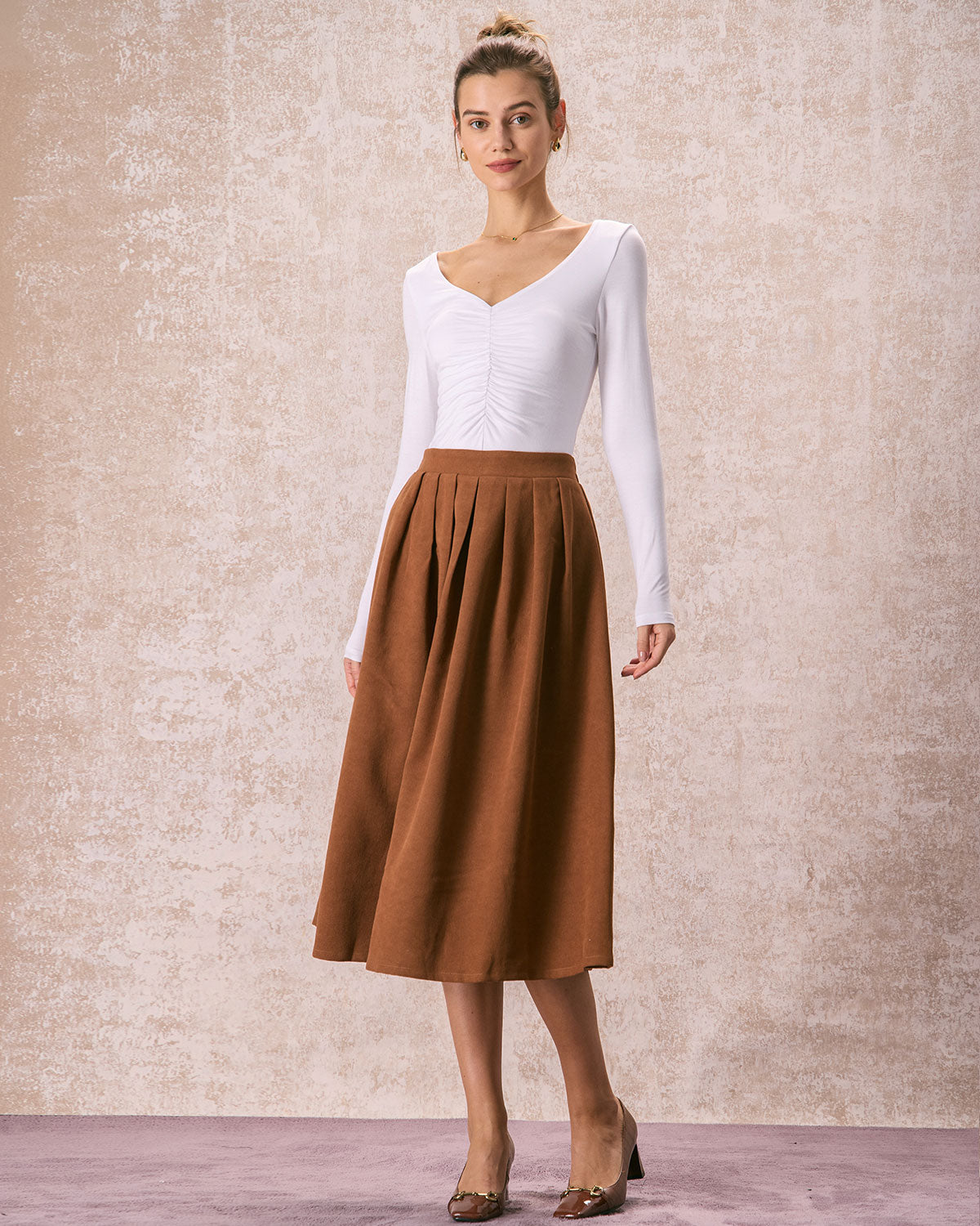 The Brown Elastic Waist Pleated Midi Skirt