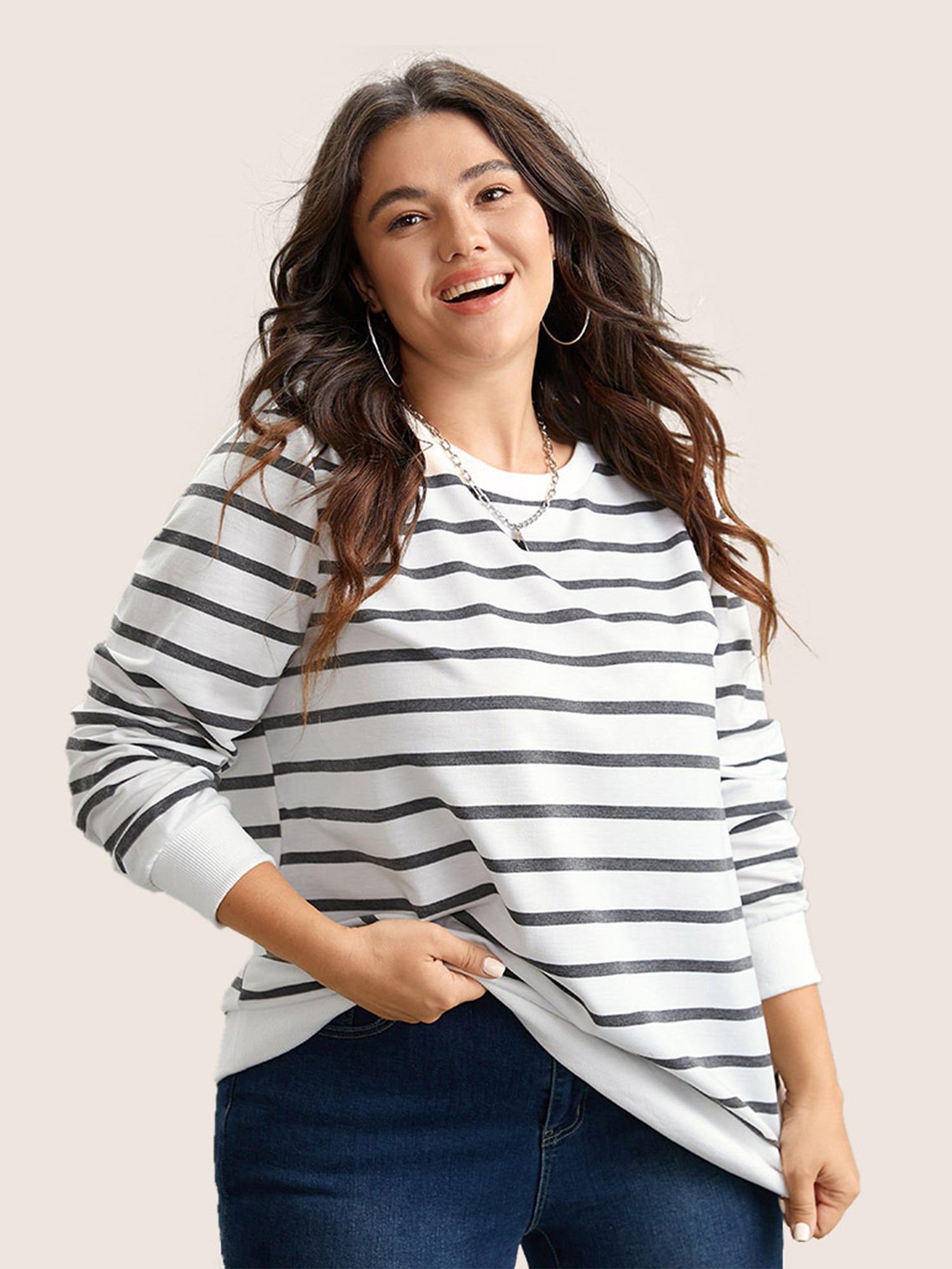 Rib Knit Striped Round Neck Sweatshirt