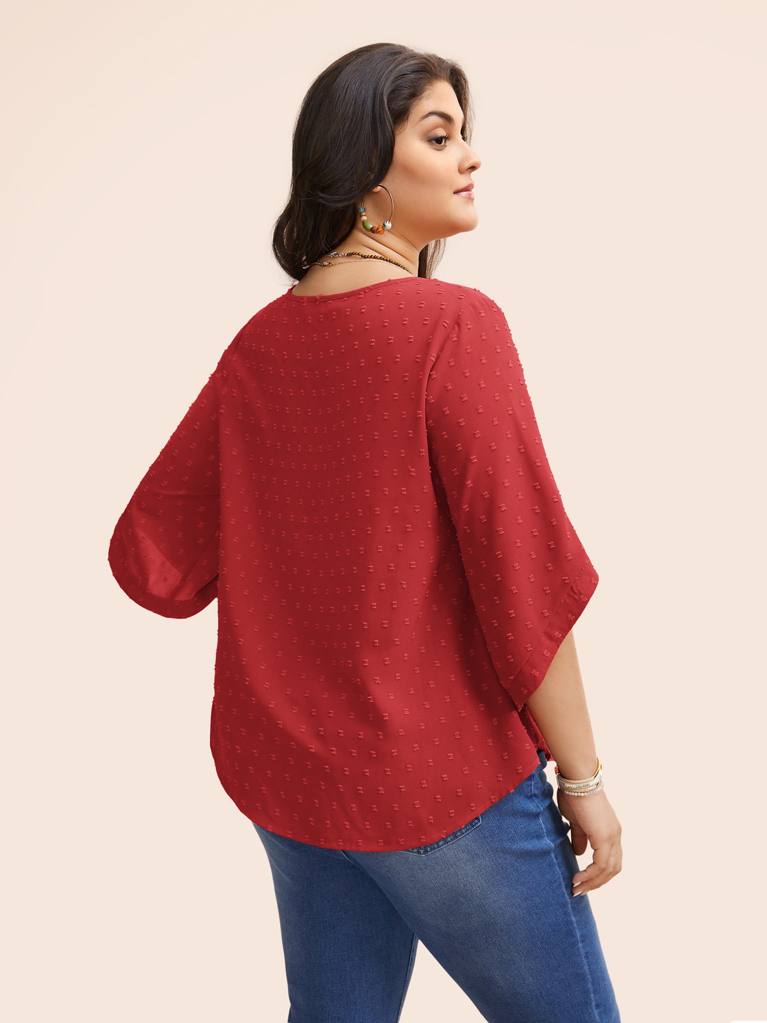 Textured Round Neck Bell Sleeve Blouse