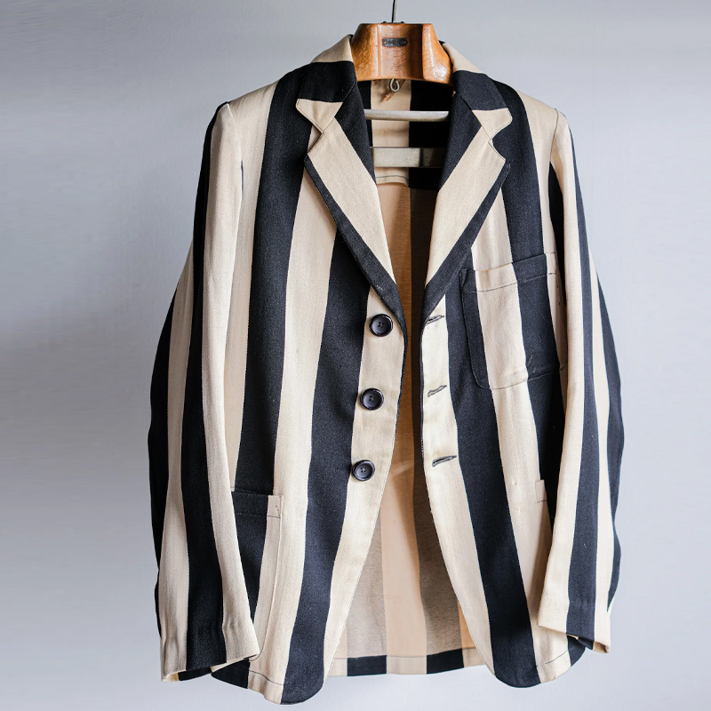 Men's Vintage Black and White Striped Single Breasted Suit Jacket
