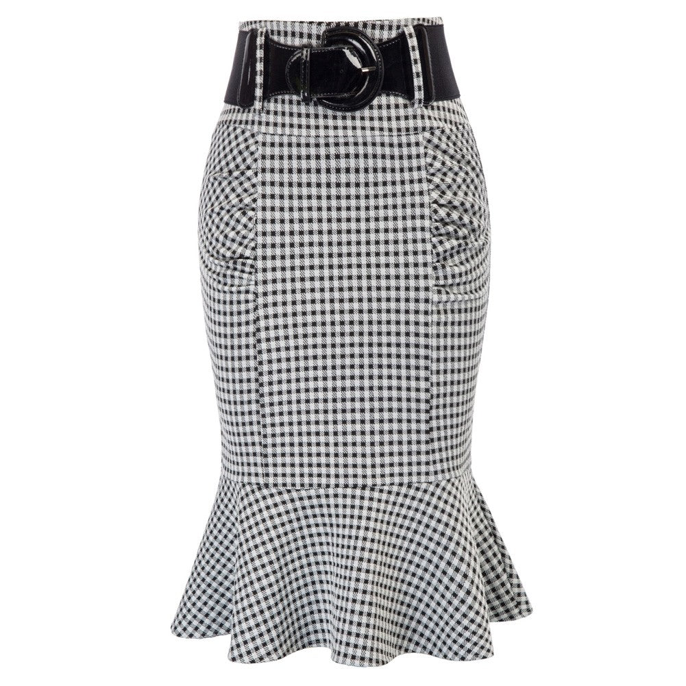 Vintage Fans Look of Houndstooth Mermaid Hem Shirred Detail Pencil Skirt with Belt