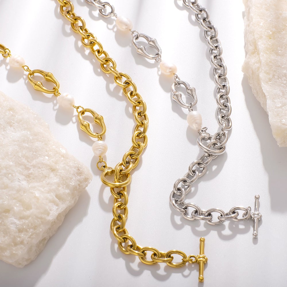 Trendy And Popular Chain Necklace Bracelet Set Stainless Steel Natural Pearl Ot Buckle