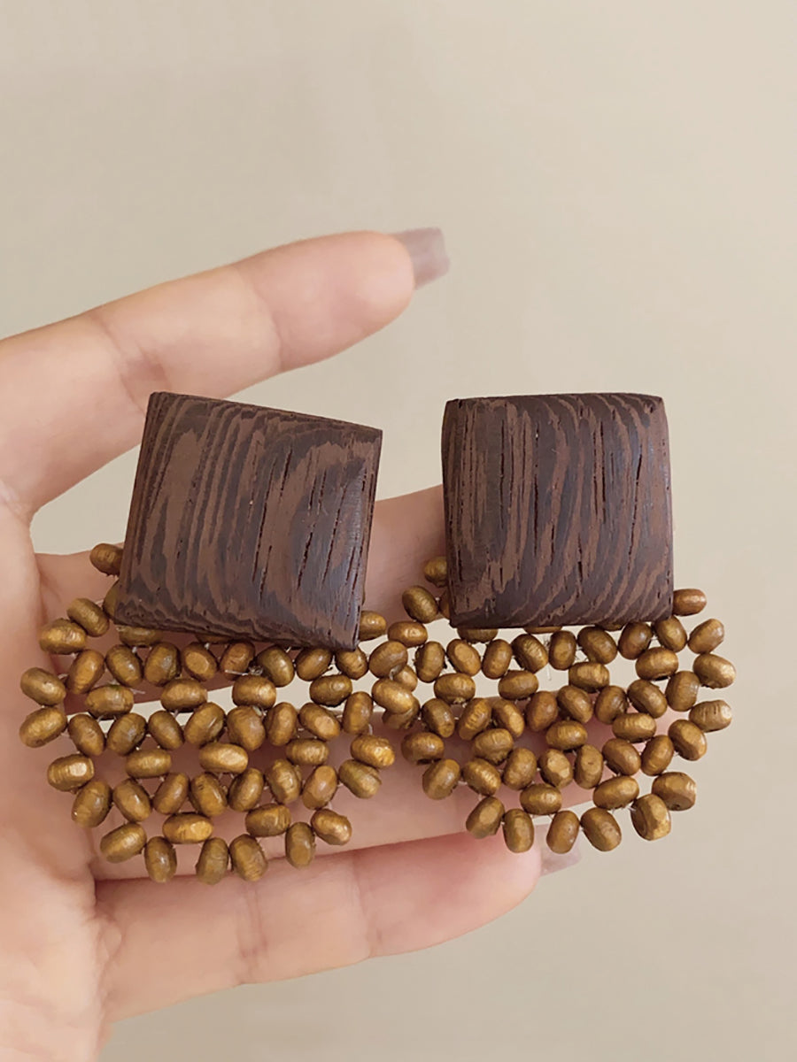 Women Vintage Square Wooden Bead Flower Earrings