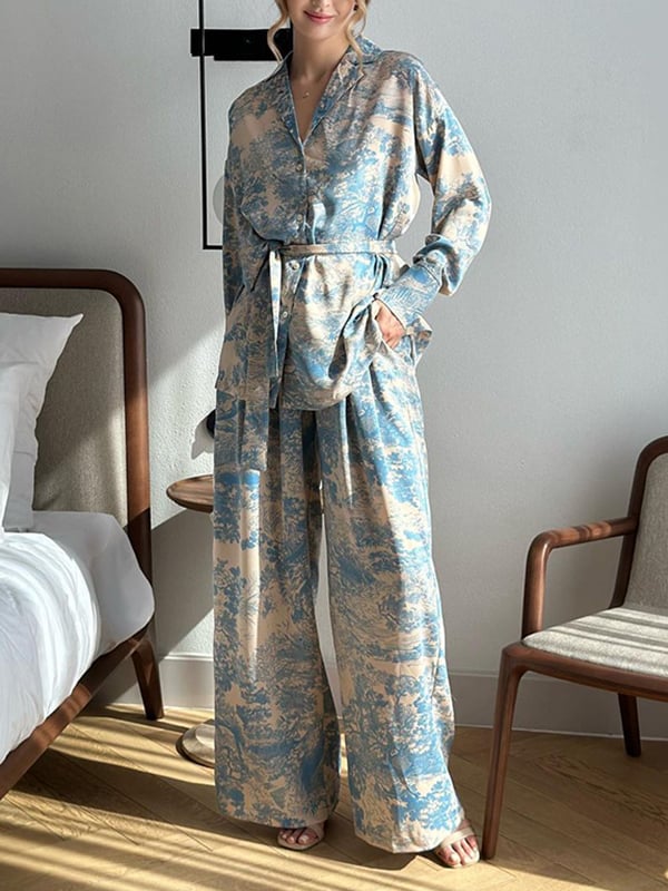 Long Sleeves Buttoned Printed Tied Waist Notched Collar Shirts Top + High Waisted Pants Bottom Two Pieces Set