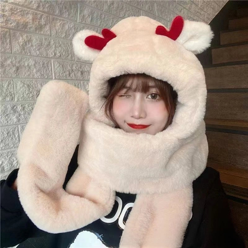 Hat Scarf Gloves Integrated Hat Autumn And Winter  Versatile Warm Toe Cap Winter Cute Plush Double Layer Hat For Women