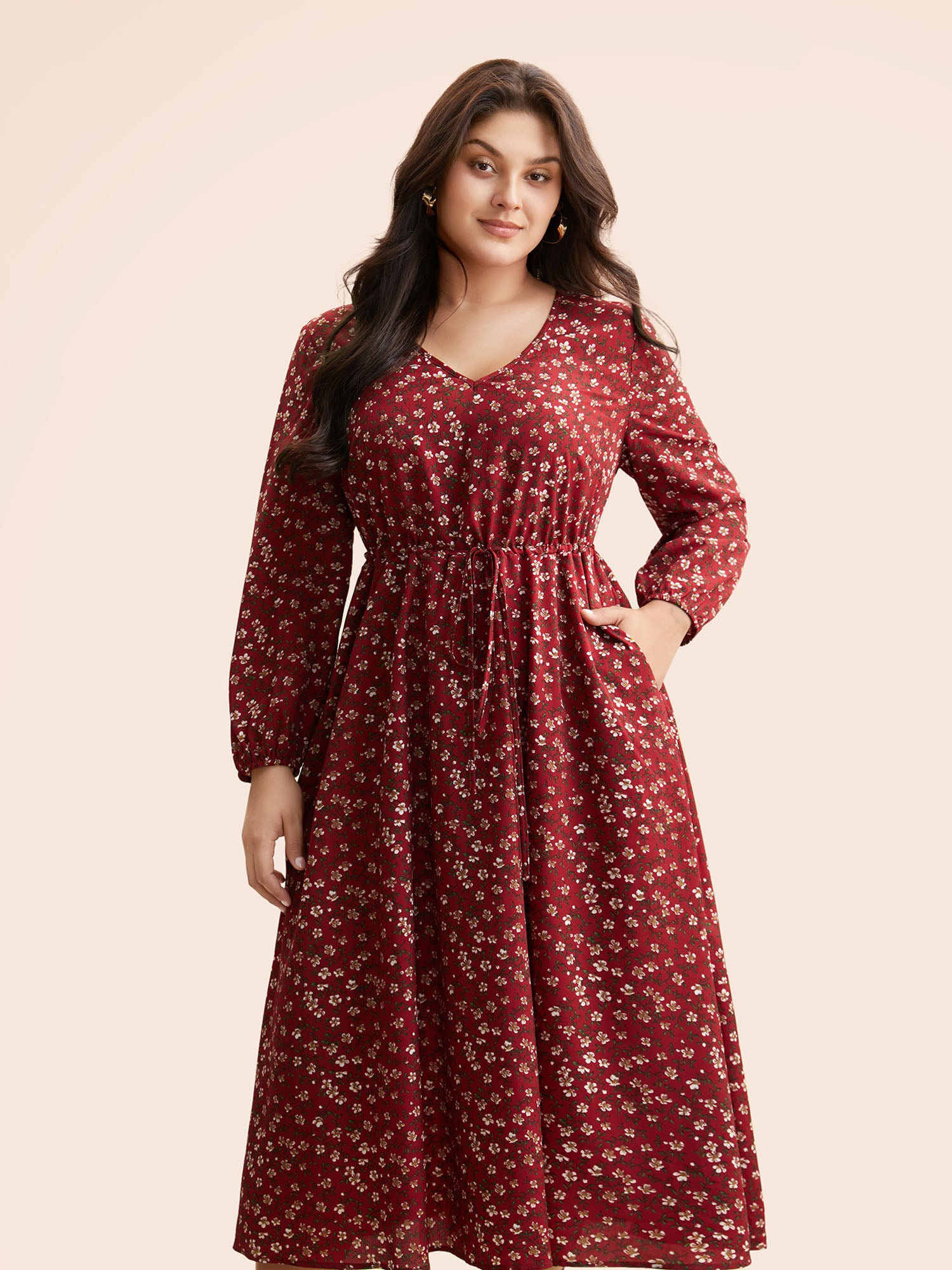 V Neck Ditsy Floral Drawstring Dress