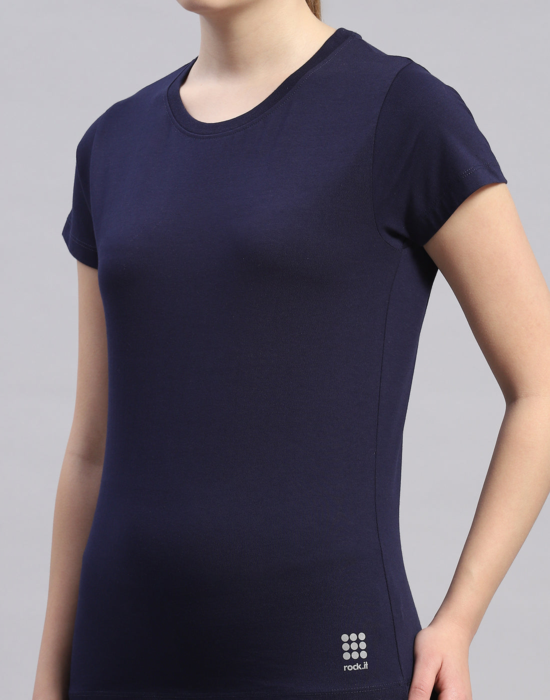 Women Navy Blue Solid Round Neck Half Sleeve Top