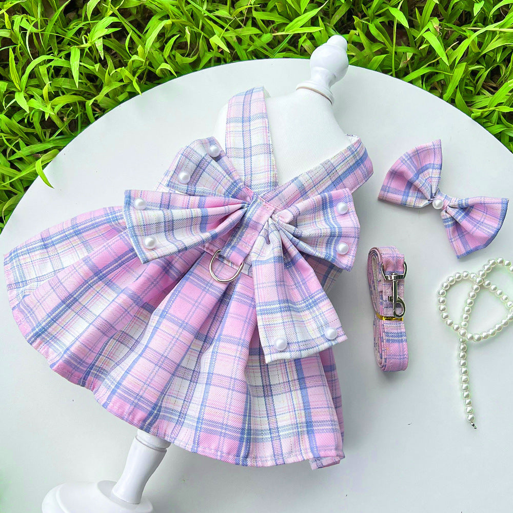 Pearl Decor Plaid Dog Harness Dress&Leash