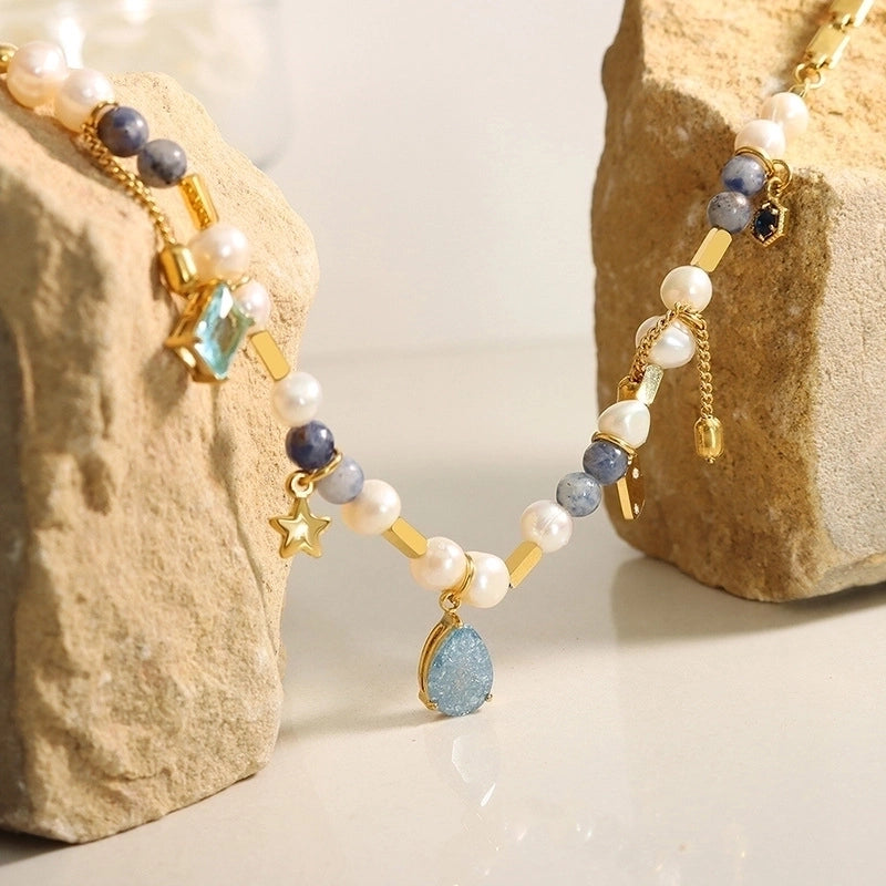 Retro Square Water Droplets Natural Stone Pearl Titanium Steel Inlay Glass Stone Necklace