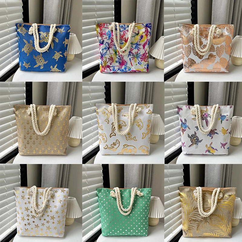 Women's Large Canvas Leaves Polka Dots Flamingo Streetwear Sewing Thread Square Zipper Tote Bag