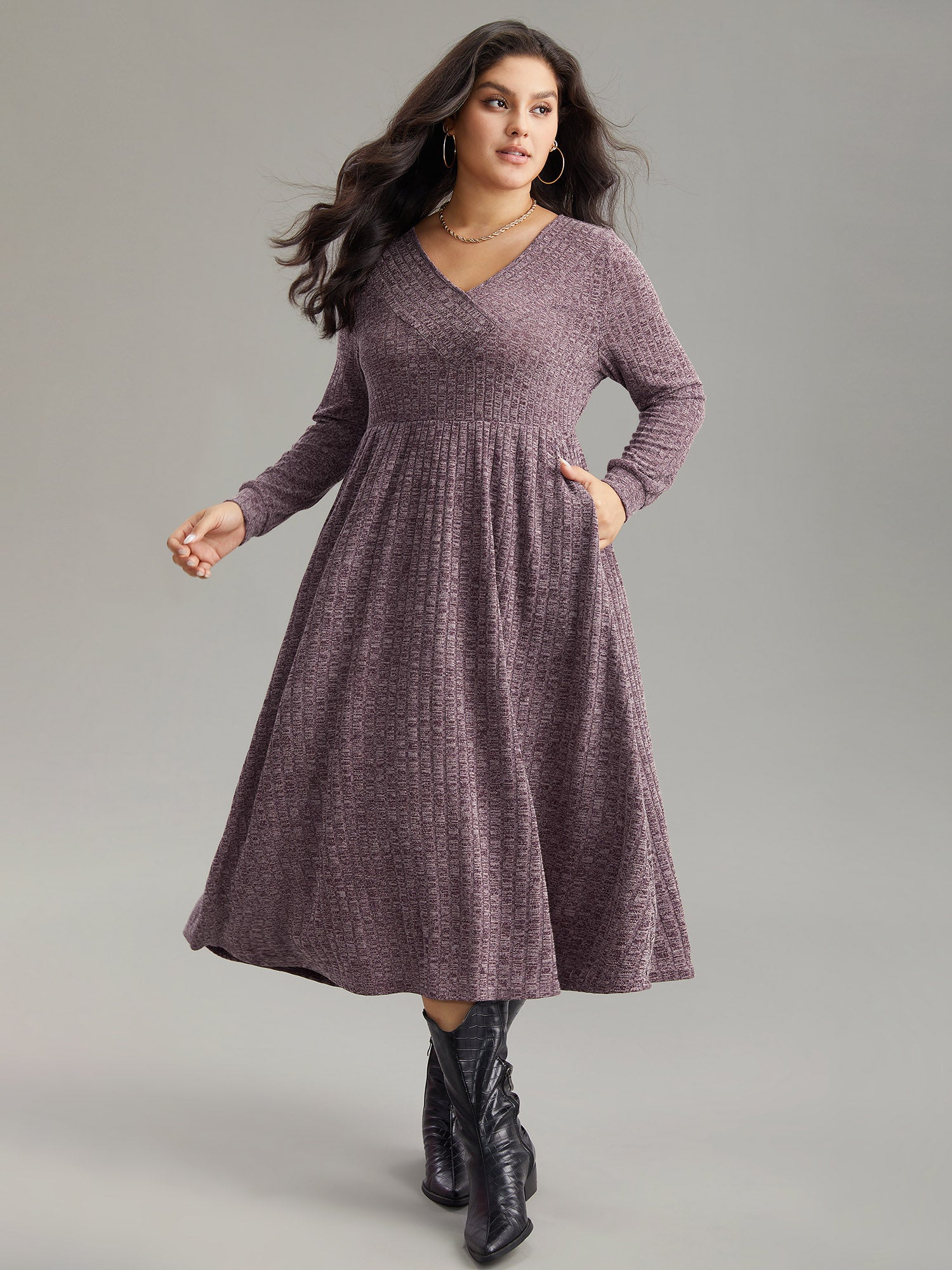 Rib Knit Plain Plisse Long Sleeve Dress