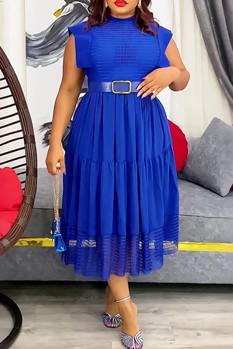 Casual Solid Color With Belt Half A Turtleneck A Line Plus Size Dresses