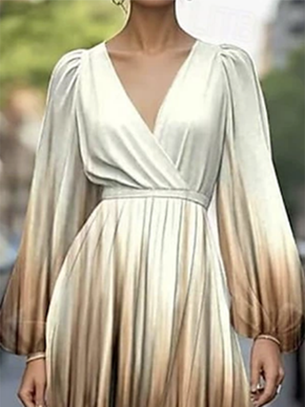 Loose Puff Sleeves Gradient Pleated Split-Joint V-Neck Evening Dresses Midi Dresses