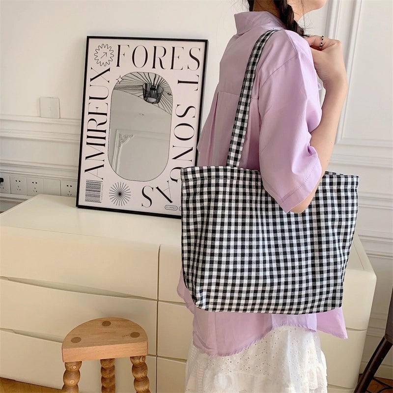 Large Capacity Plaid Canvas Bag Shopping Bag Student Shoulder Handbag Vintage Tote Bag