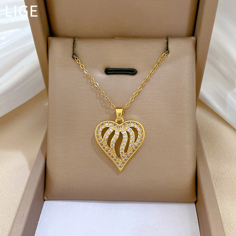 Love Heart Hollow Full Diamond Gorgeous Full Diamond Necklace Women'S Versatile Clavicle Chain Titanium Steel Chain