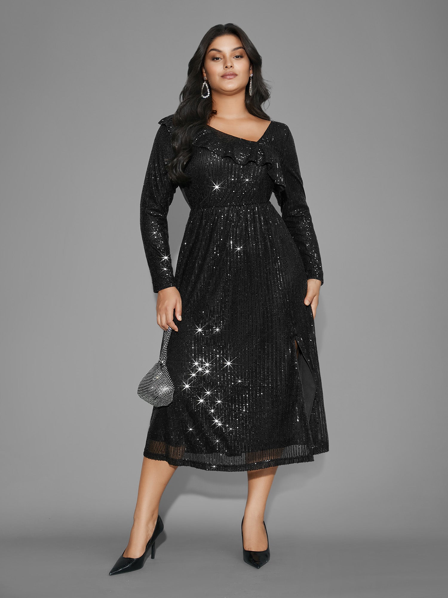 Sequin Mesh Asymmetrical Neck Midi Dress