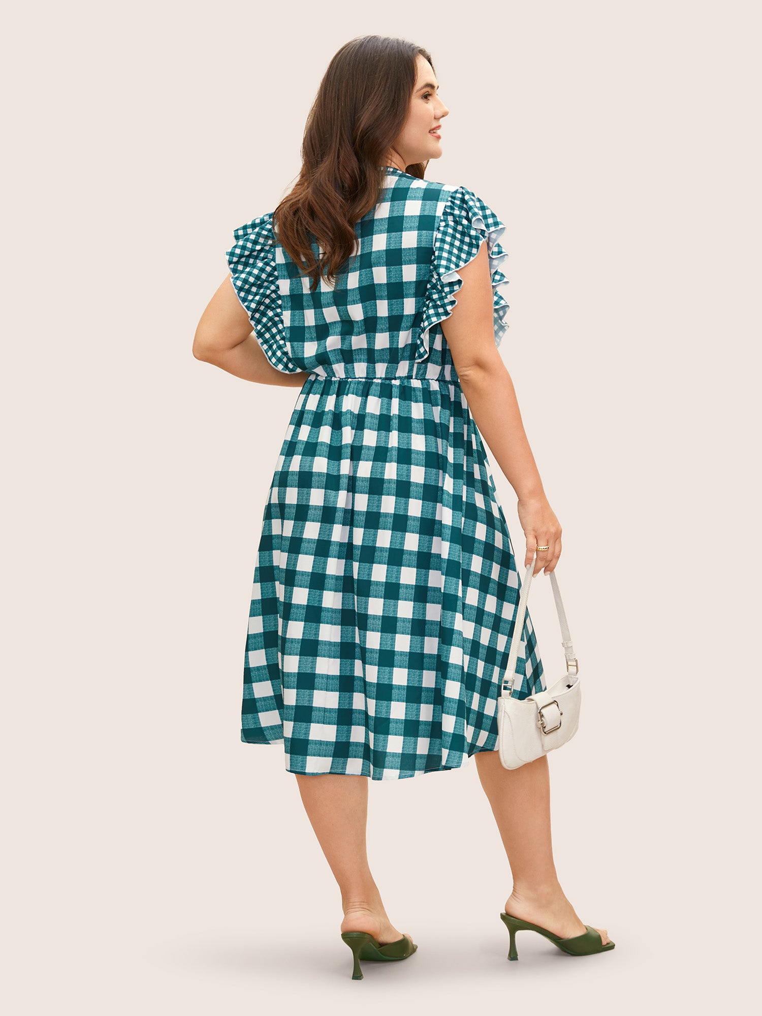 Plaid Notched Ruffle Cap Sleeve Midi Dress