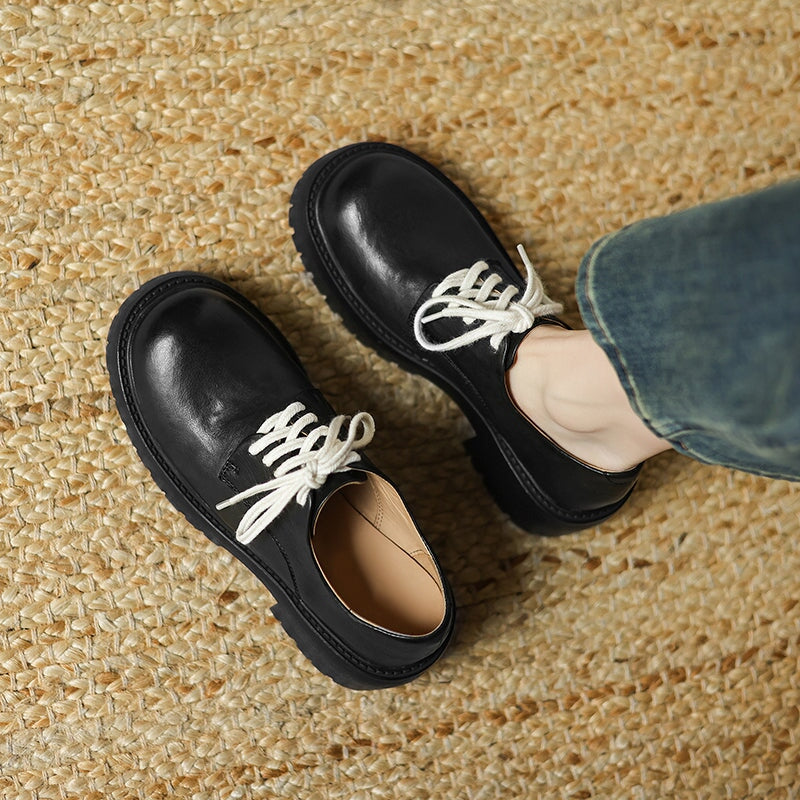 50mm Heel Vintage Waxed Cow Leather Chunky Oxford Shoes in Black/Brown