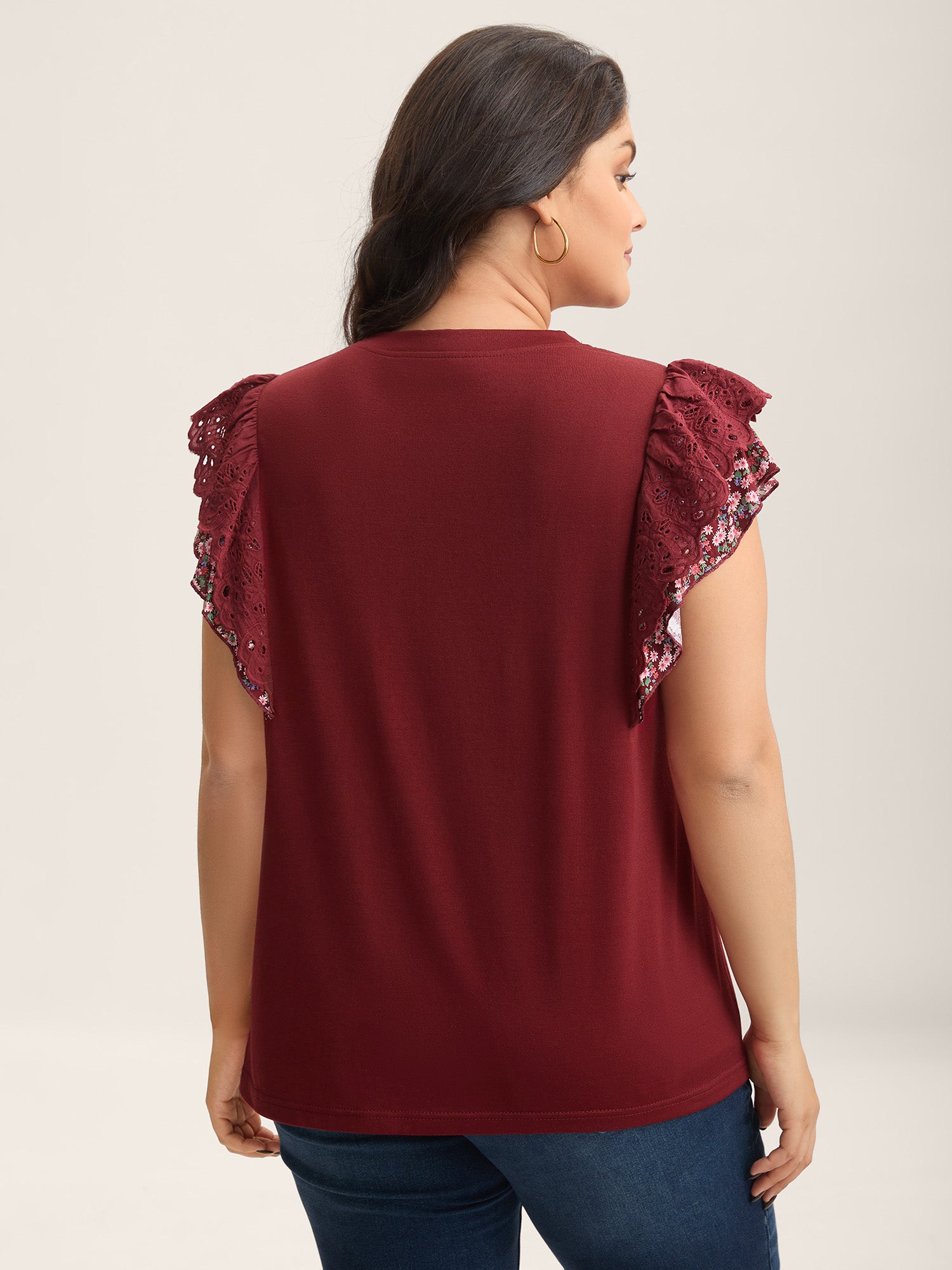Eyelet Trim Flutter Sleeve Knit Top