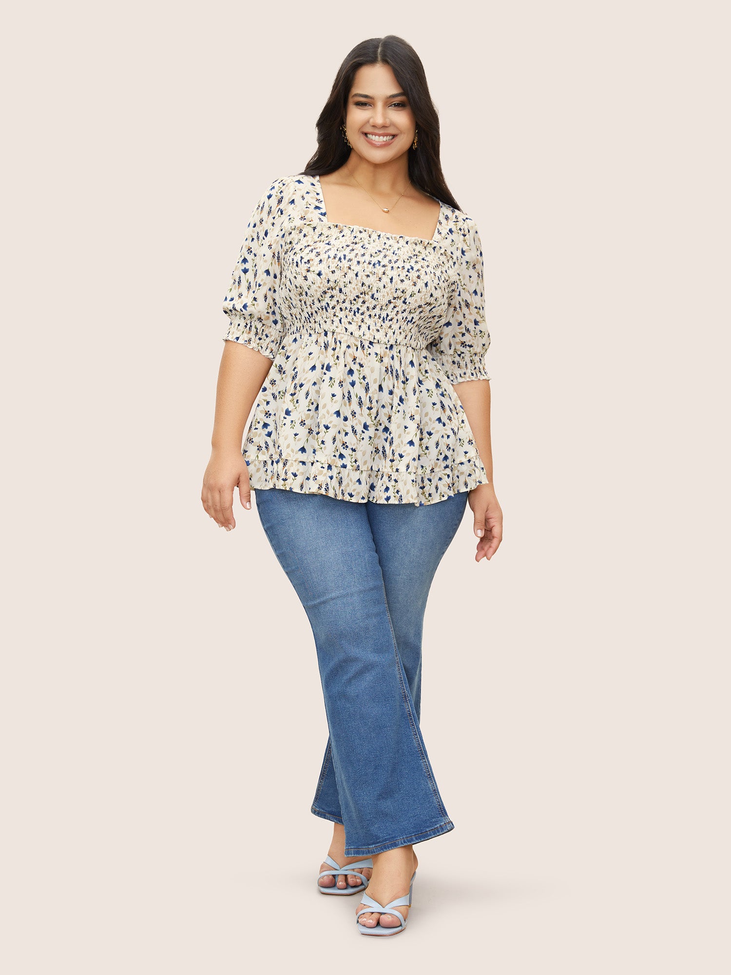Ditsy Floral Ruffles Shirred Puff Sleeve Blouse