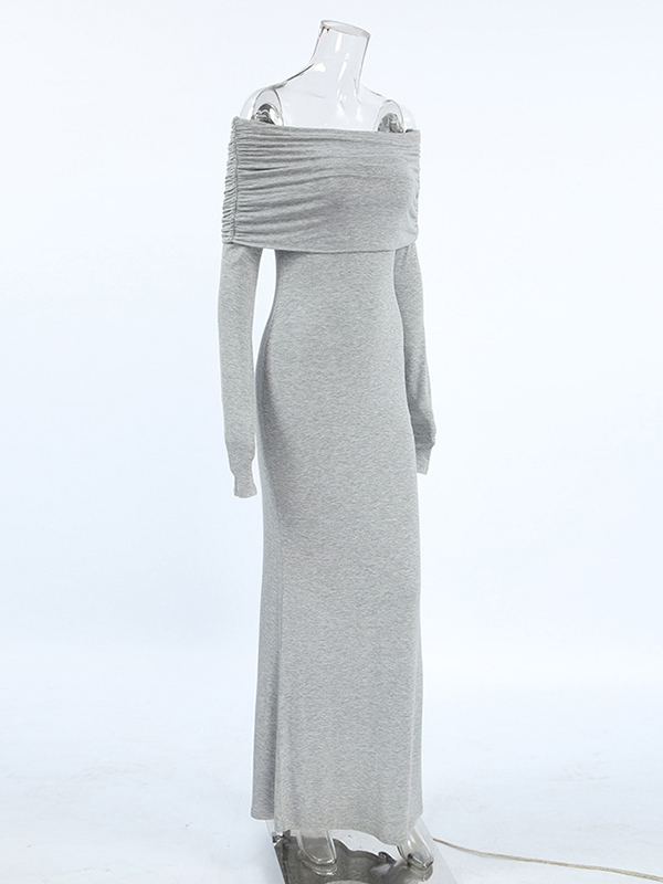 Long Sleeves Skinny Pleated Solid Color Split-Joint Off-The-Shoulder Evening Dresses Maxi Dresses