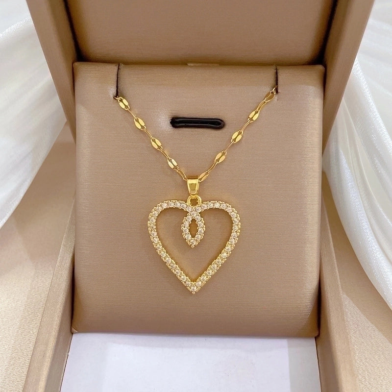 2 Pieces Minimalist Classic Style Geometric Heart Shape Titanium Steel Copper Zircon Pendant Necklace In Bulk