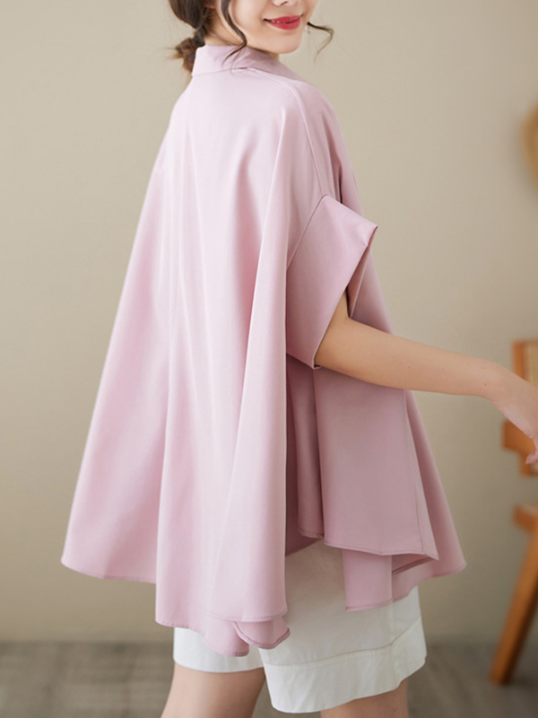 Loose Short Sleeves Solid Color Lapel Shirts Tops
