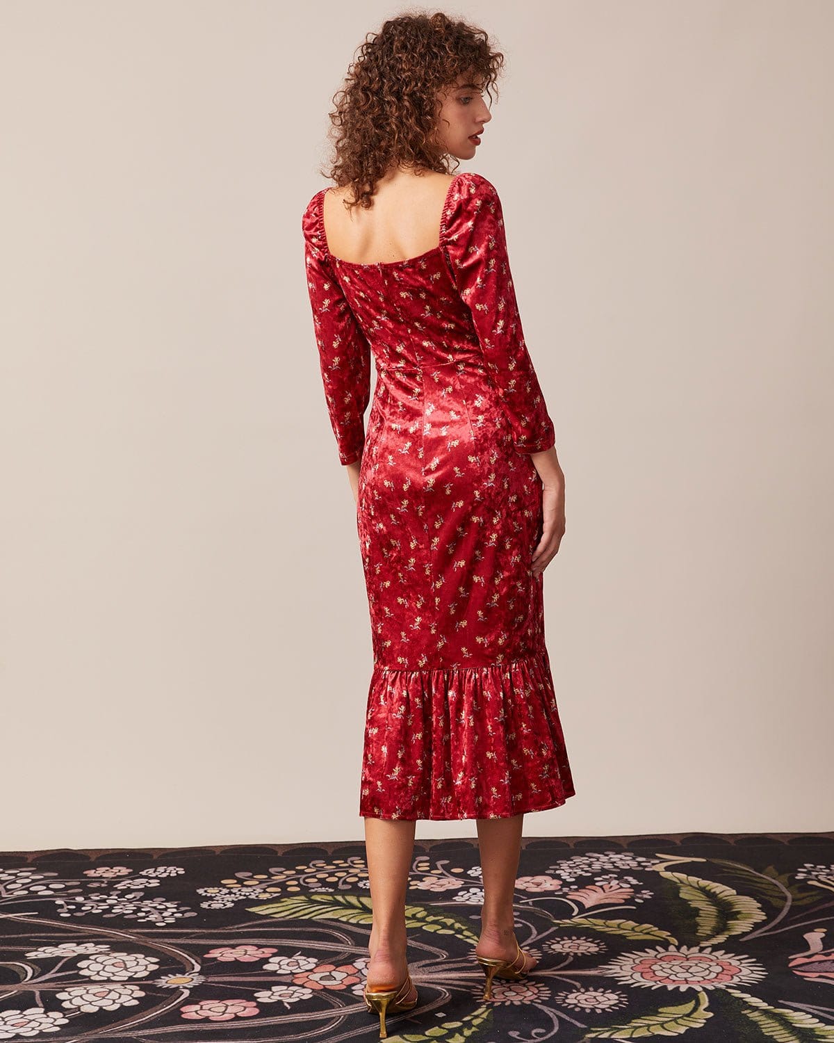 The Red Square Neck Floral Velvet Midi Dress