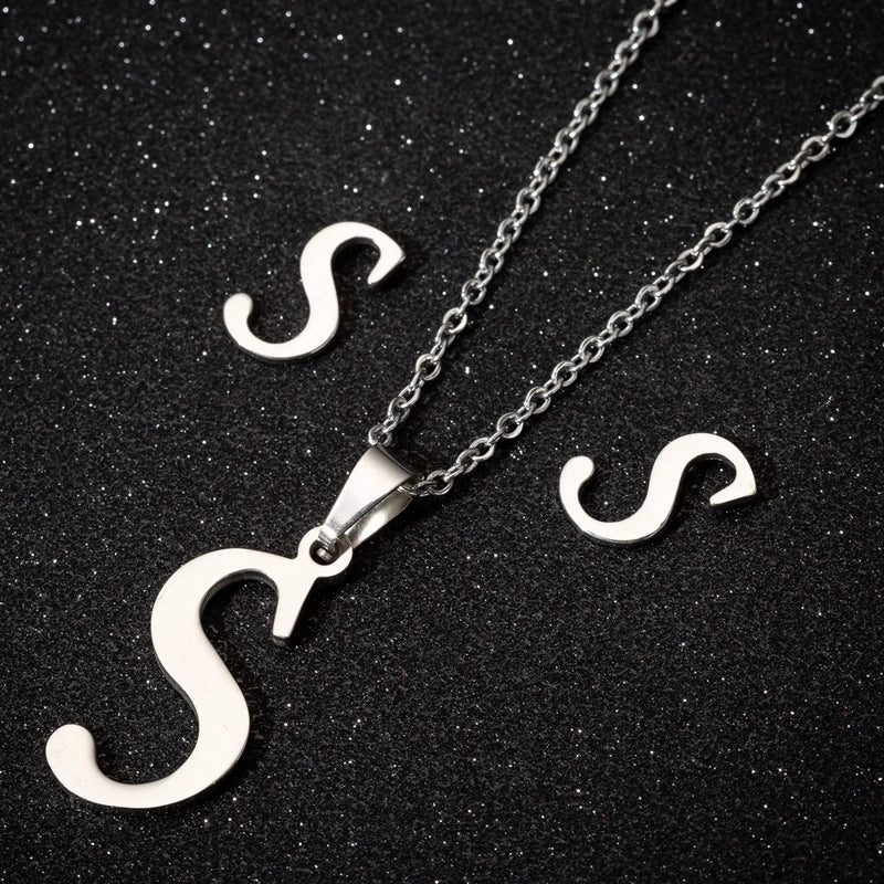 Women's Fashion Minimalist Letter Stainless Steel Pendant Necklace Ear Studs Plating Jewelry Sets