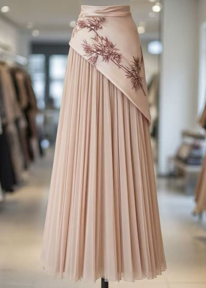 French Pink Asymmetrical Print Chiffon Patchwork Skirts Summer