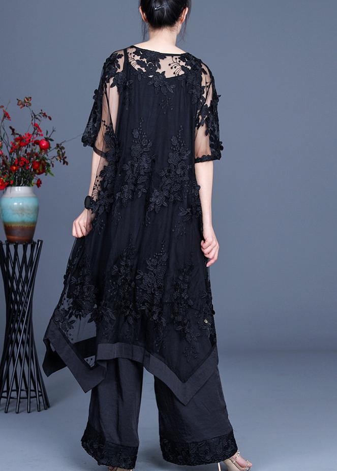 Summer Black Dress Wide Leg Pants Suspender Skirt Three Piece Set