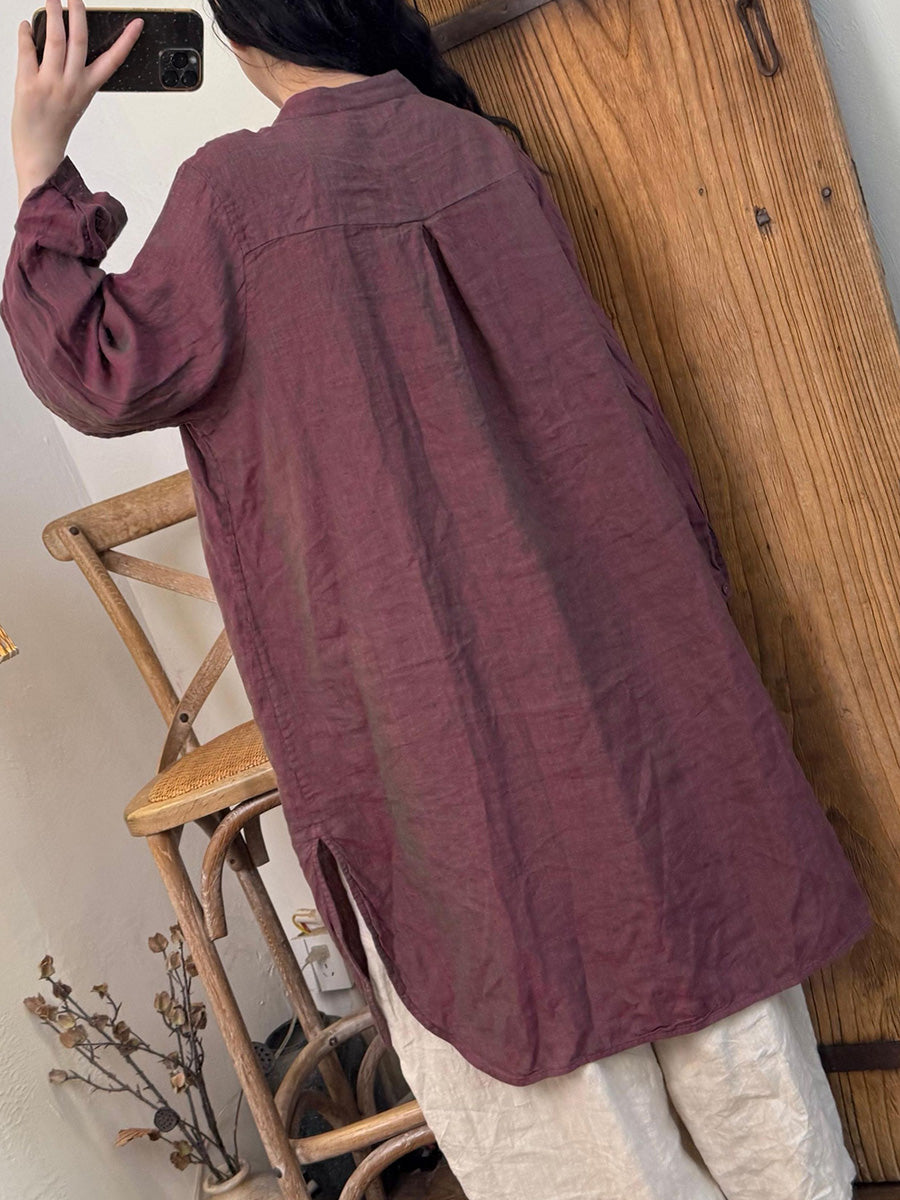 Women Summer Retro Pure Color Stand Collar Linen Long Shirt
