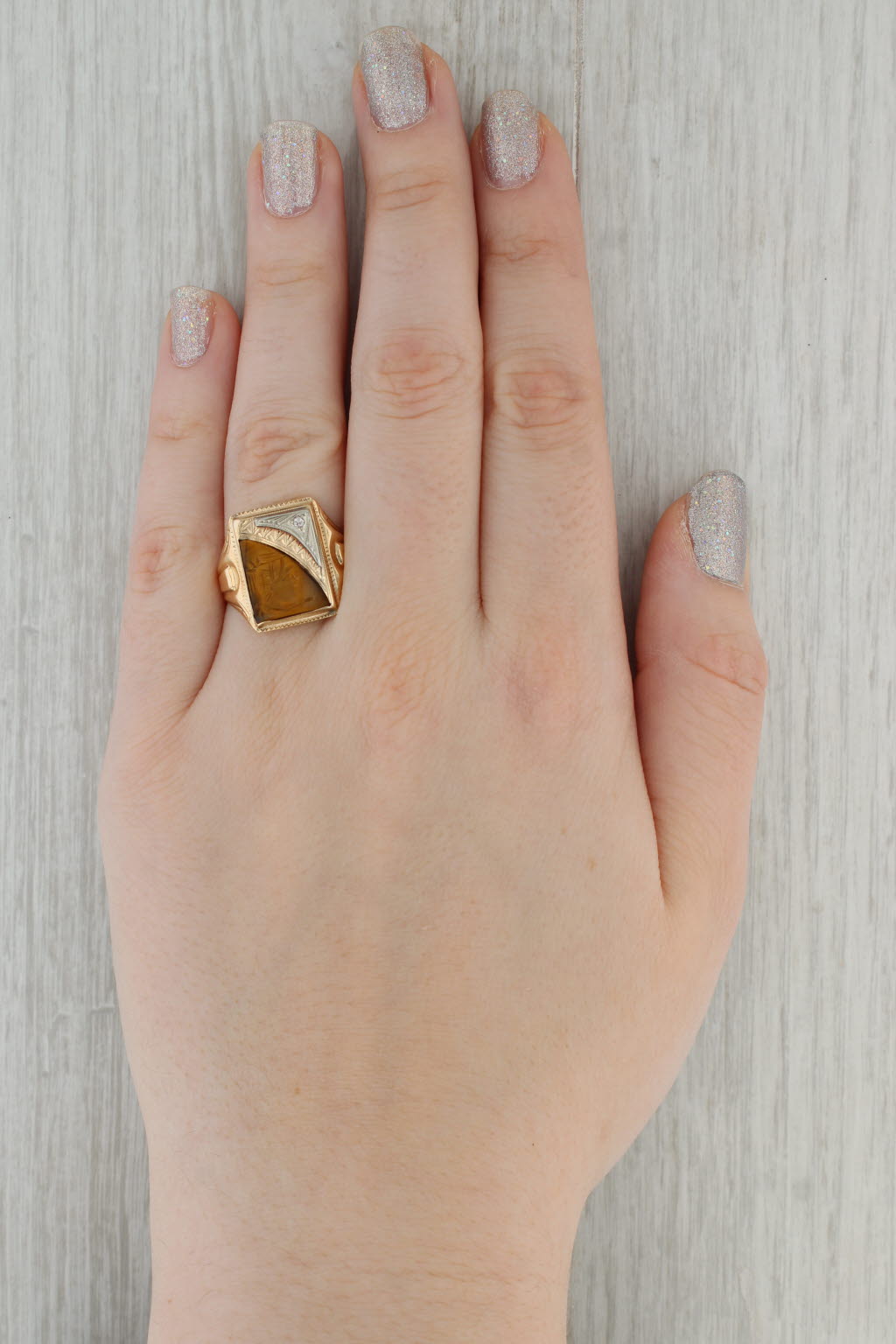 Vintage Intaglio Carved Tiger's Eye Ring 10k Gold Diamond Accent Size 9