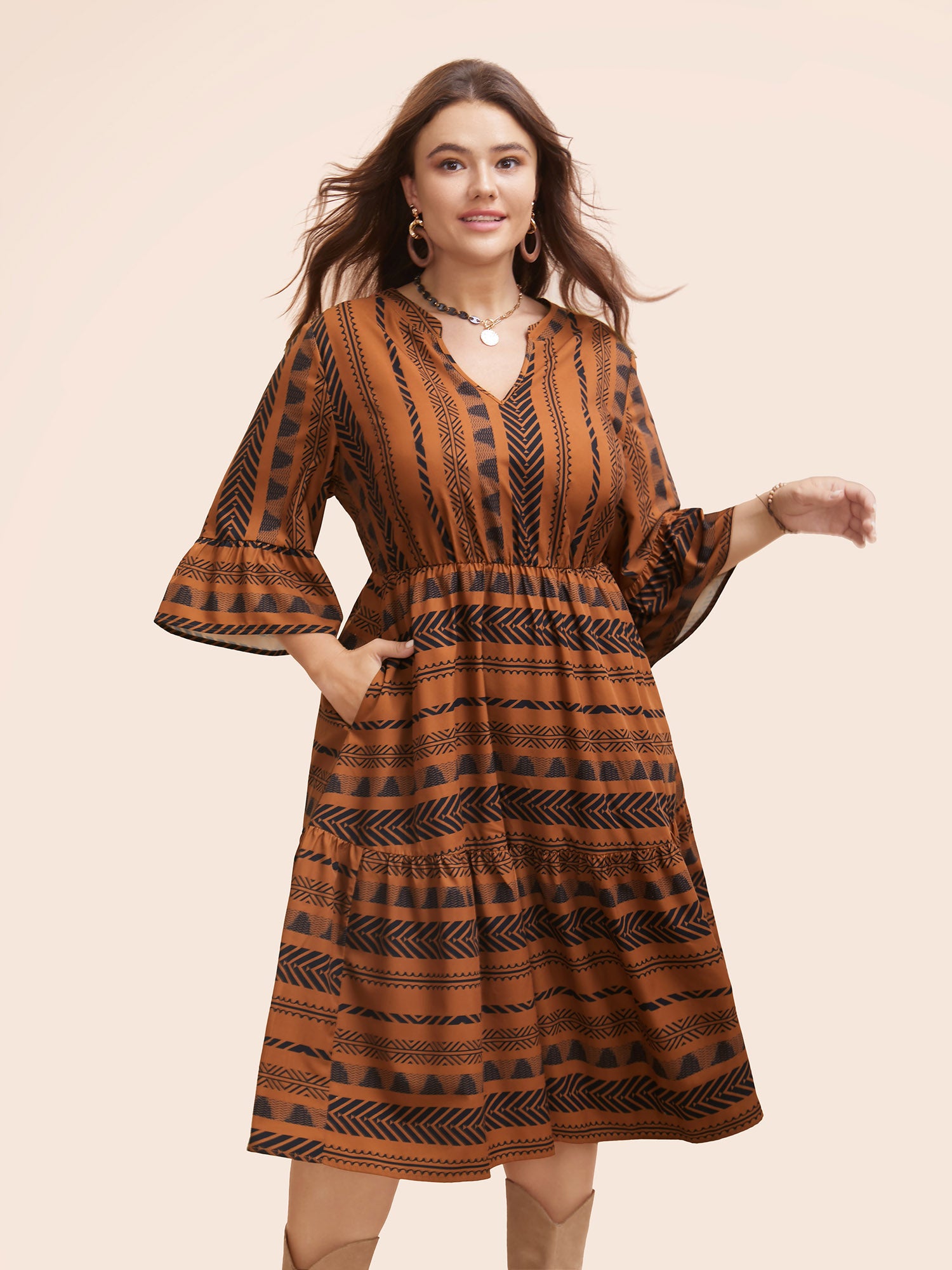 Notched Bandana Geometric Ruffle Sleeve Dress