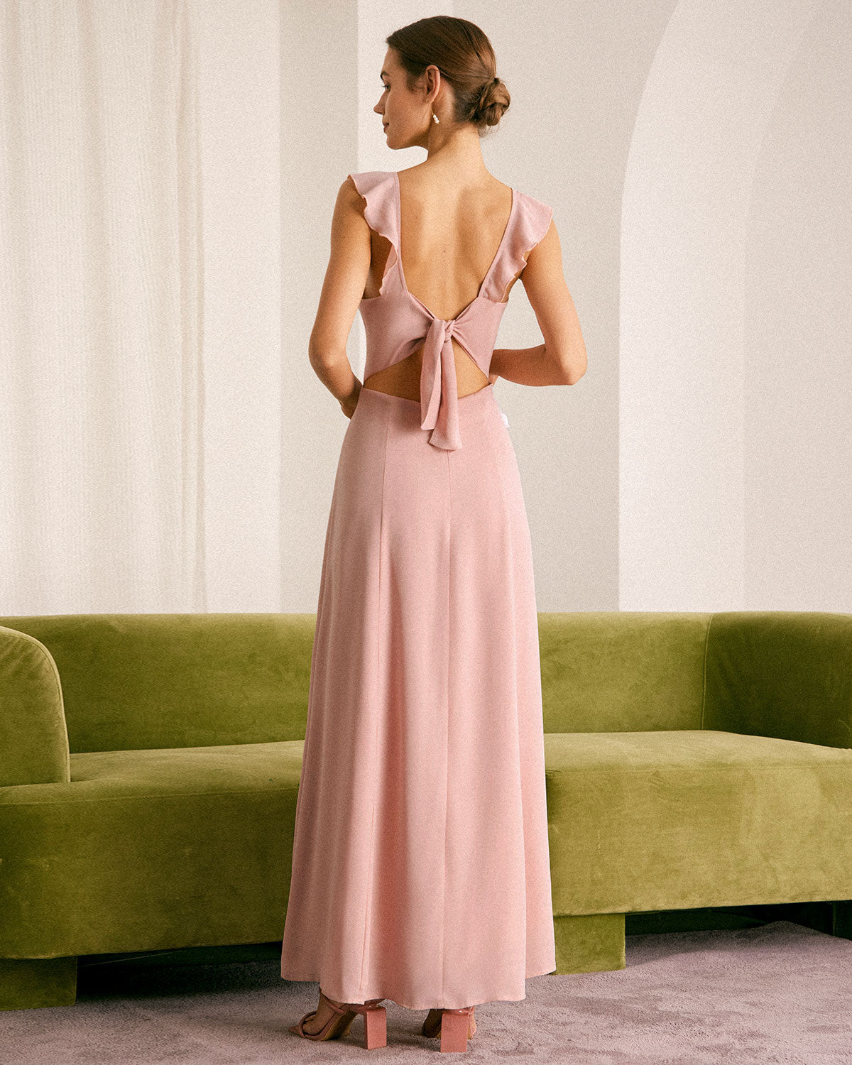 The Pink Ruffled Sleeveless Slit Maxi Dress