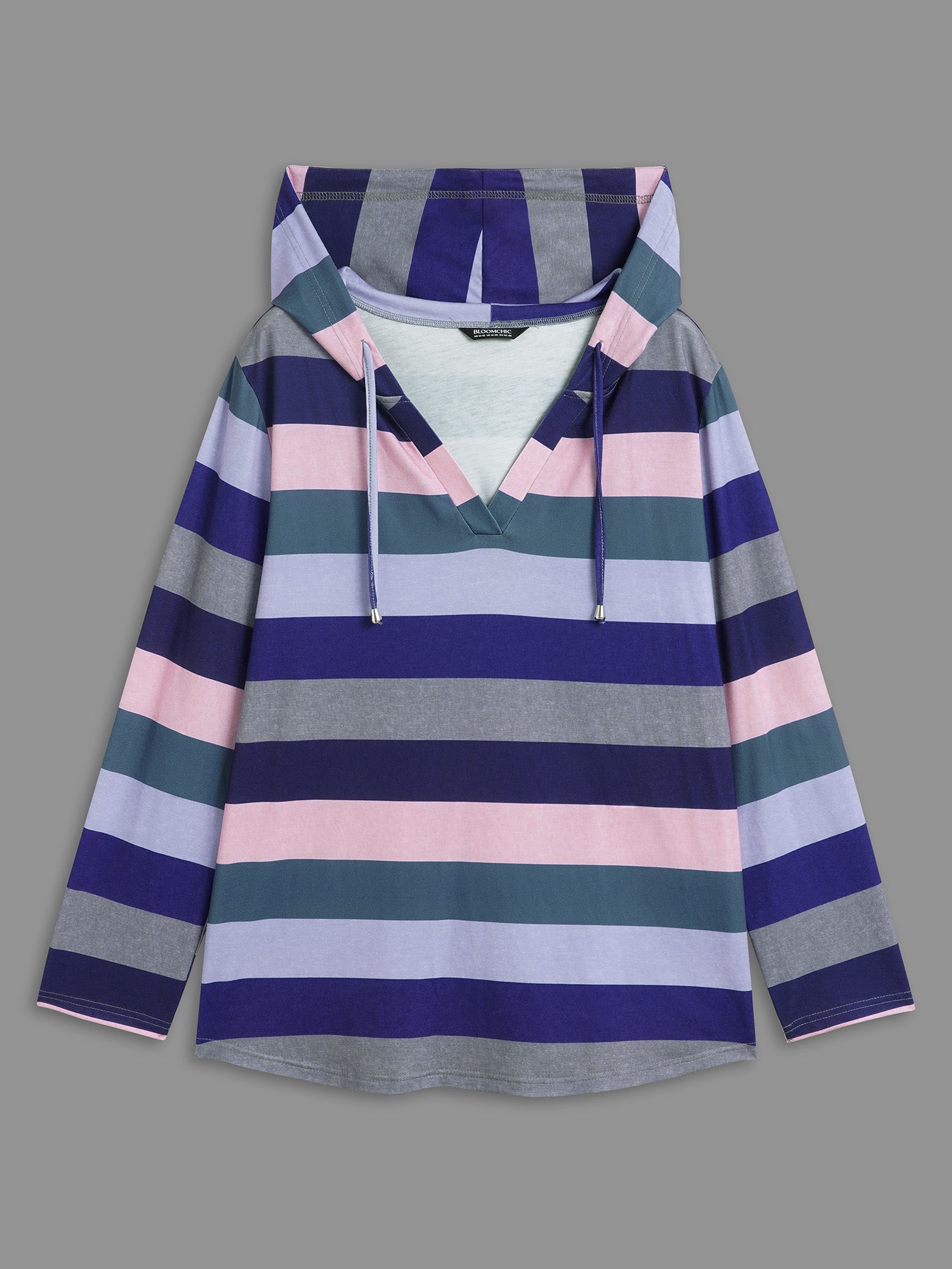 Contrast Striped Hooded Drawstring T-shirt