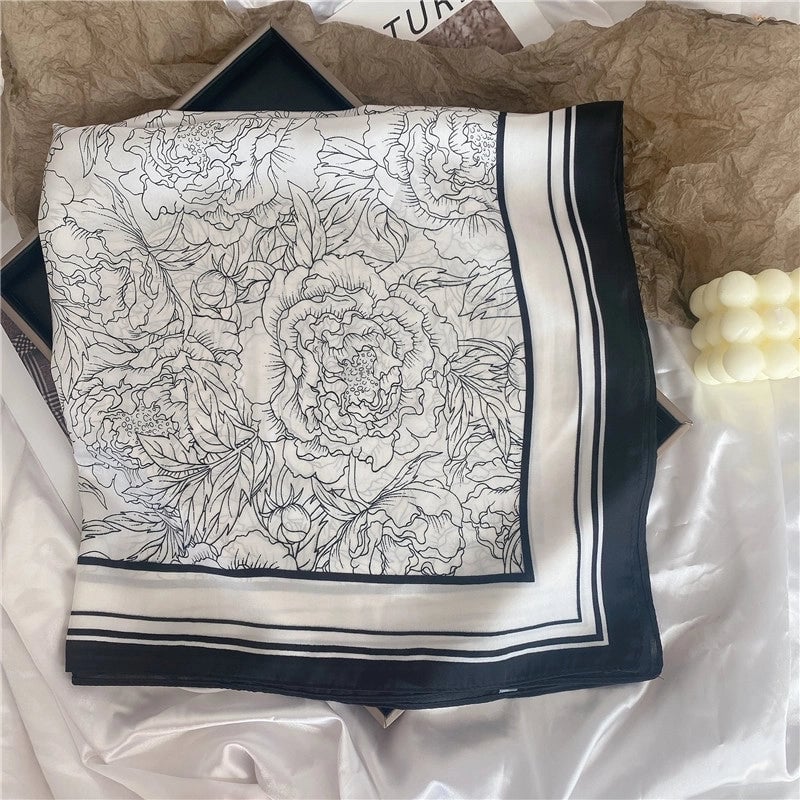 Women's Elegant Letter Flower Satin Silk Scarf