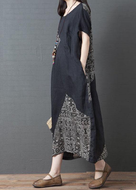 Loose Black O-Neck Patchwork Pockets Summer Holiday Dress Short Sleeve